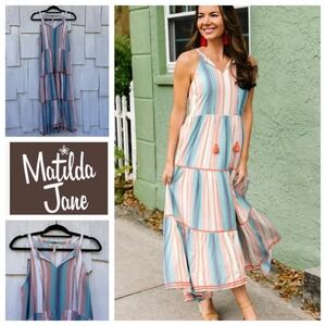 Matilda Jane Sunset Season Maxi Dress Womens Medium Striped Tiered Tassel Boho